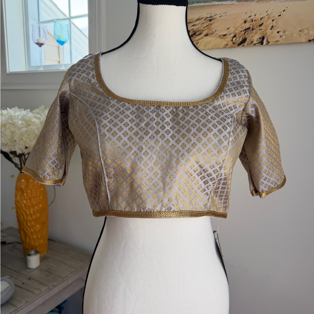 Gold Brocade Sari Blouse (Choli) – Structured Crop Top – Purchased in India